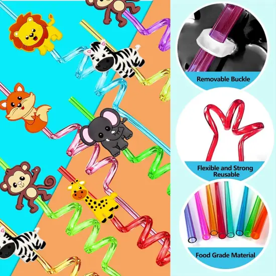 24PCS Jungle Animal Drinking Straws Reusable for Kids Forest Animal Theme Birthday Party Favors Supplies Decorations with 2 PCS Cleaning Brushes (Safari Jungle Animal) {3}