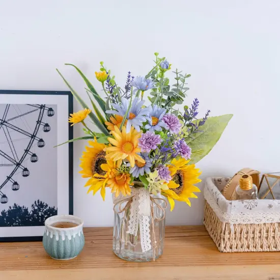 Summer Artificial Sunflower with Vase &ndash; Silk Blue Daisy Flower Arrangement {5}