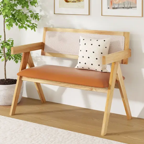 Natural Wood Dining Bench with Sherpa Upholstered Backrest and Soft-Padded Seat {5}