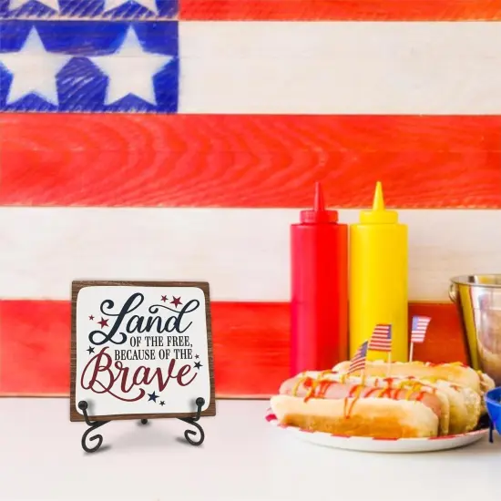 July 4th Wooden Plaque With Iron Stand - Free & Brave - 4"X4" Wood Sign For Memorial Day, America Patriotic Tabletop Signs, Shelf, Desk Decorations, Party Supplies - 07 {2}