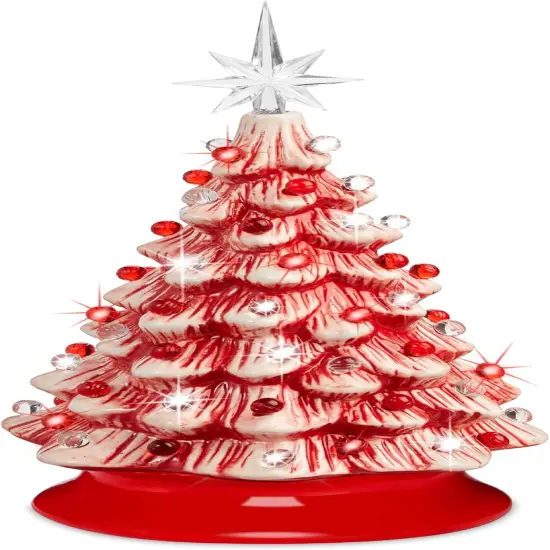 15in Ceramic Christmas Tree Pre-Lit Tabletop Holiday Tree with Star Topper and Multicolored Bulbs Peppermint {1}