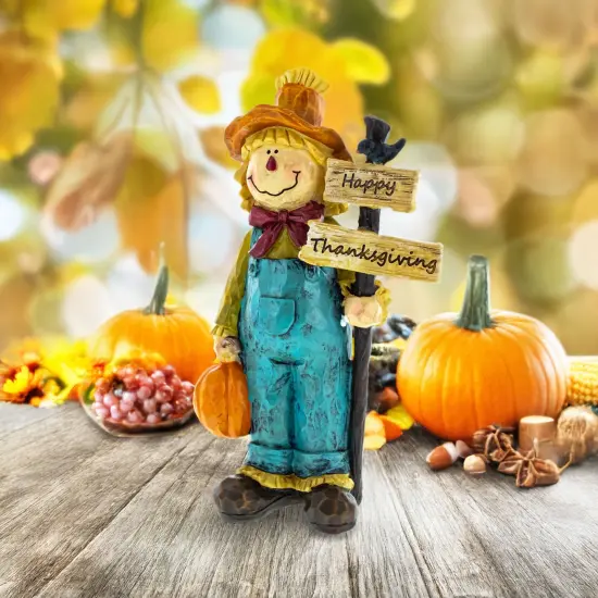 Friendly Scarecrow Holding Happy Thanksgiving Sign Figurine {3}