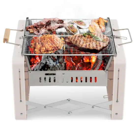 Folding Charcoal BBQ Grill with Dishwasher-safe Grill Grids and Charcoal Box-Beige {4}