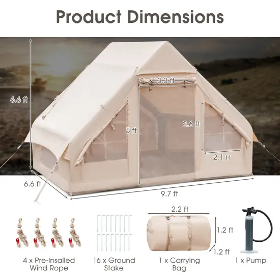 Inflatable Camping Tent 2/4/6 People Glamping Tent for Family Camping with Pump-Beige {5}