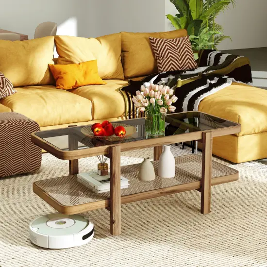 Rustic Acacia Wood Coffee Table with Tempered Glass Top & PE Rattan Shelf {6}