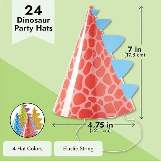 24 Pack Dinosaur Party Hats for Dino Party Supplies, T-Rex Theme Birthday, Baby Shower Decorations (4 Colors) - Dinosaur Birthday Decorations {5}