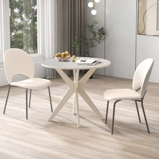 White Rubber Wood Round Dining Table with Faux Marble Top {6}