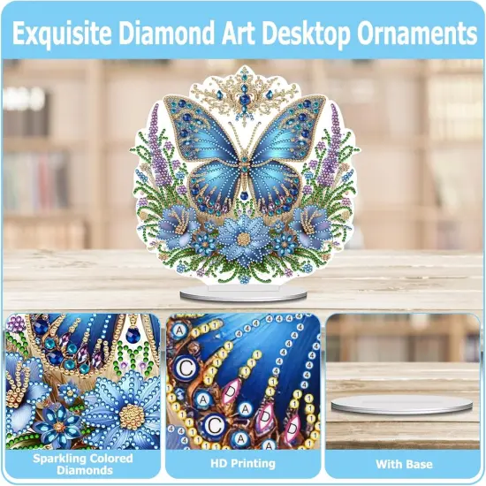 Diamond Painting Kits Tabletop Ornaments, Special Shaped Crystal DIY Blue Floral Butterfly Diamond Art Desktop Kit, Stand Up 5D Gem Painting Crafts for Home Office Table Top Decor {2}