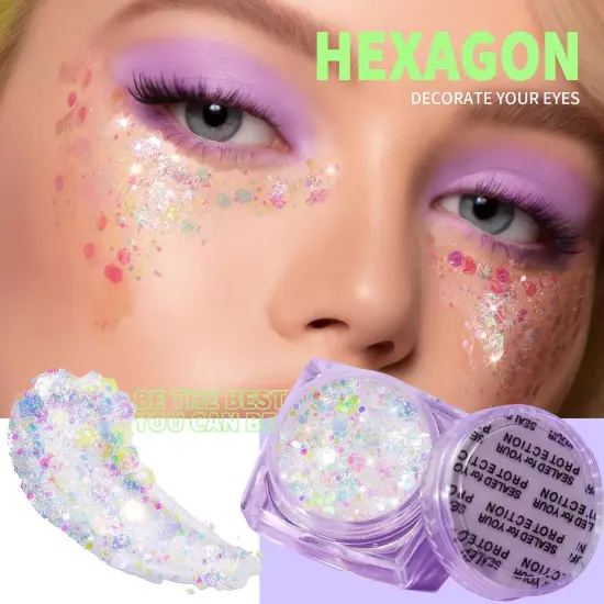 Face Glitter Body Glitter, Clear White Body Glitter Gel, Hair Glitter Gel, 6 Shapes Rave Glitter, Mermaid Sequins Makeup Glitters Face Paint, Chunky Sparkling Glitter Gel for Women {2}