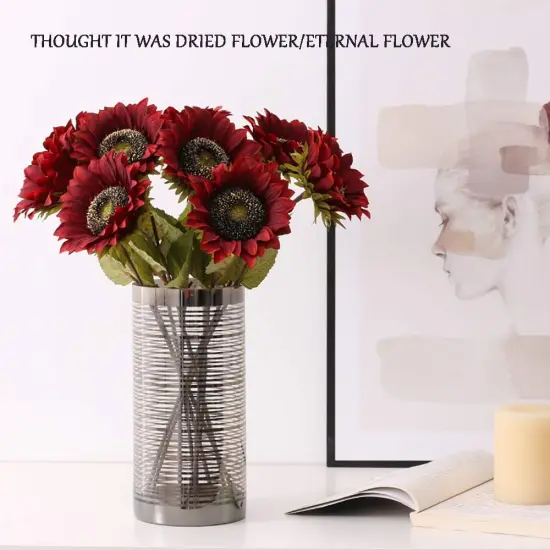 Summer Floral Arrangement - 7PCS Artificial Burgundy Sunflowers with Silk Flowers {2}