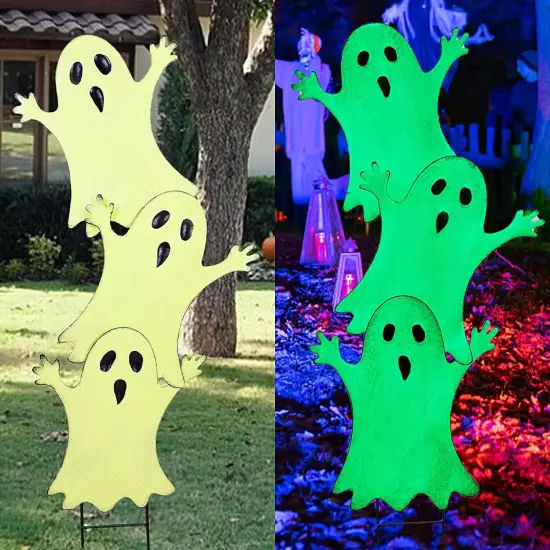 Halloween Yard Stake, 38.6" Glow in The Dark Metal Stacked Ghost with Green {1}