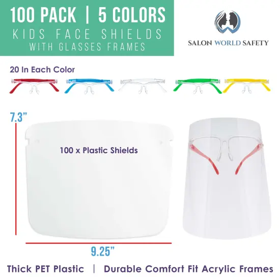 100 Kids Face Shields with Glasses Frames (20 Packs of 5) - 5 Colors, 20 Each - Protective Children's Full Face Shields - Anti-Fog PET Plastic {2}