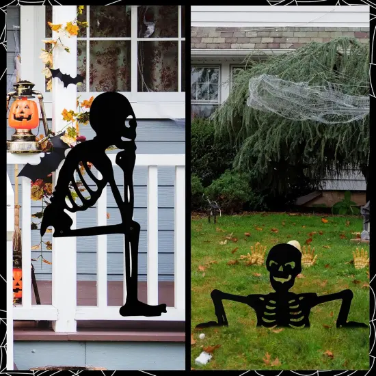 2Pcs Black Skeleton Yard Art Statues Skull Decorative Garden Stake {5}