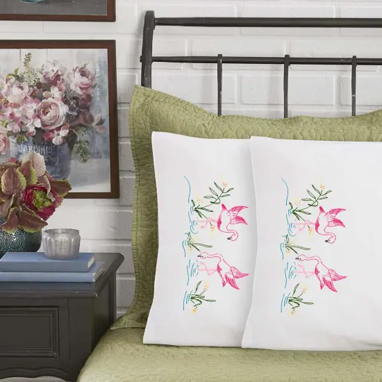 HerrschnersTropical Flamingos Pillowcase Pair Stamped Embroidery Multi {1}