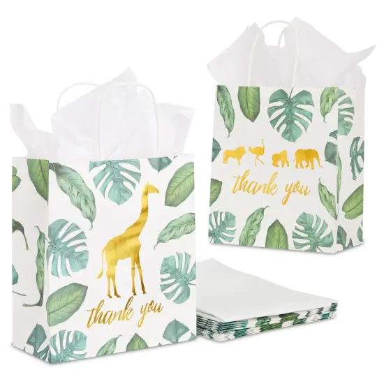 12 Pack Safari Thank You Bags with Tissue Paper, Wild One 1st Birthday Themed Decorations for Girls and Boys (8 x 9 x 4 In) {1}