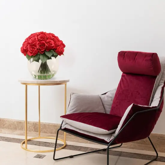 Red Rose Arrangement in Faux Water Look Glass Vase, Floral Home by Artificial Flowers {4}