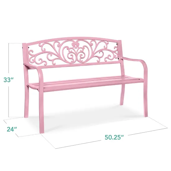 Best Choice Products Outdoor Steel Bench Garden Patio Porch Furniture w/ Floral Design Backrest Pink {2}