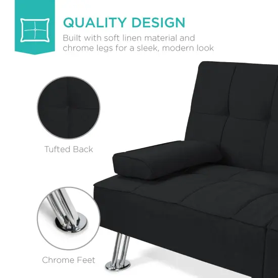 Best Choice Products Modern Linen Convertible Futon Sofa Bed w/ Removable Armrests, Metal Legs, Cupholders Black {5}