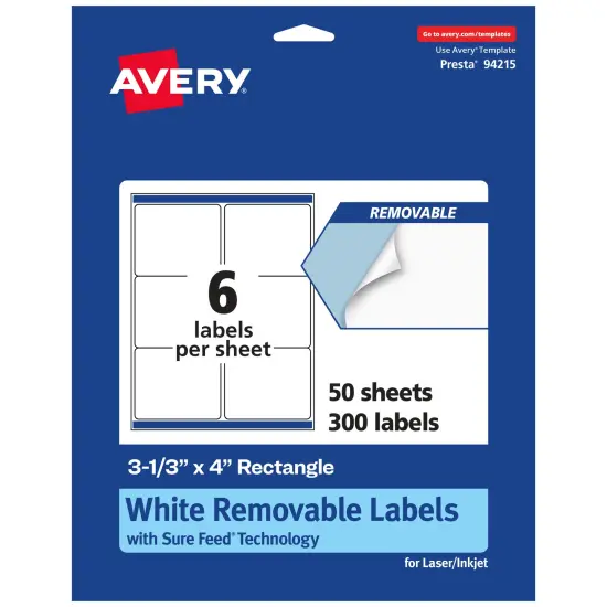 Avery Matte White Removable Rectangle Labels with Sure Feed Technology, 3-1/3" x 4" {7}