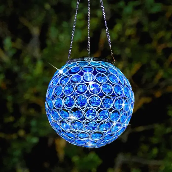 Solar Hanging Lantern Outdoor Lights, Dual LEDs Color Changing and Blue Hanging Light Waterproof Crystal Globe Lamp Decoration in Garden, Pathway, Front Door - Blue {4}
