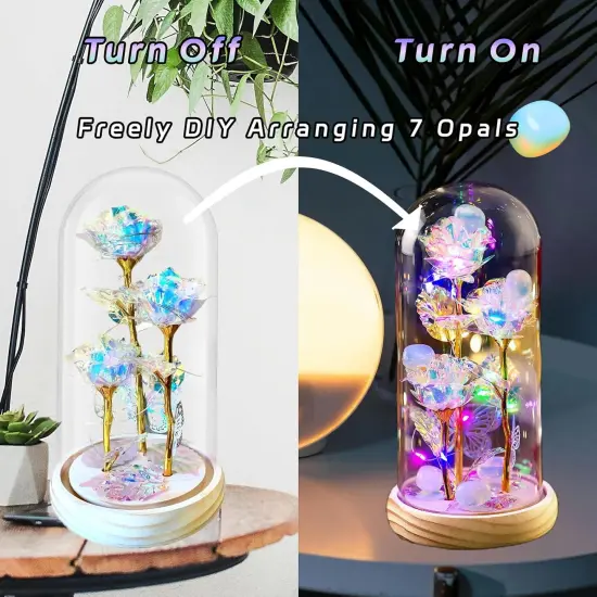 Rainbow Rose Birthday Gifts for Women,Galaxy Glass Flower with Healing Crystals,Light Up Rose in A Glass Dome,Gifts for Mothers Day,Anniversary,Valentines {2}