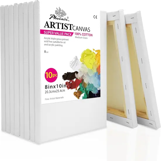 Stretched Canvas for Painting 8x10 Inch/10 Value Pack, 8 Oz Triple Primed 5/8 Inch Profile 100% Cotton White Blank Canvas, Artist Framed Canvas for Oil Acrylic & Pouring Art {1}
