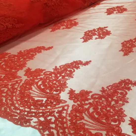 1 Yard Red French Floral Mesh Lace Fabric for Bridal Dresses and Decorations 50/54 Inch Width {3}