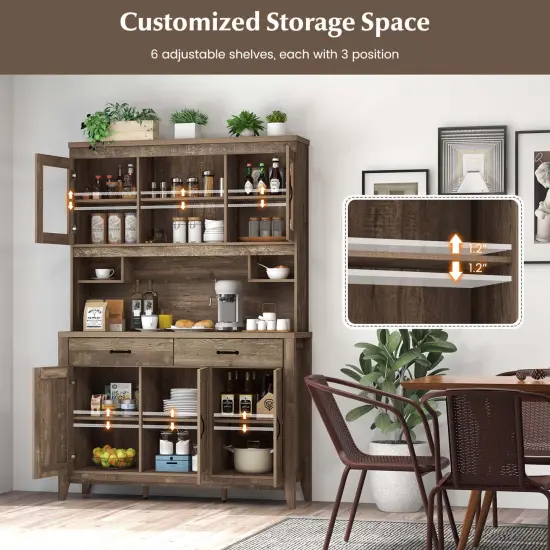 Costway Kitchen Pantry Cabinet with Microwave Countertop Double Glass Doors 2 Drawers {6}