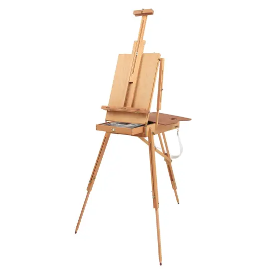 Grand Luxe French Easel - Oiled Beechwood Artist Easel with Brass Fittings, Adjustable Dividers, and Wood Palette- Plein Air Easel w/ Leather Handle and Linen Strap for Canvases up to 34" High {1}