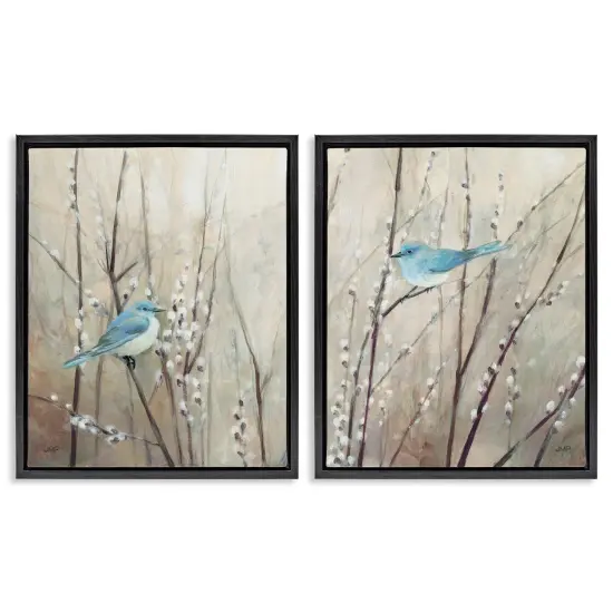 Stupell Industries Peaceful Perched Blue Birds Framed Floater Canvas Wall Art Gray Floater Frame {7}