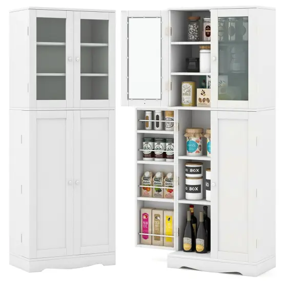 Costway 63.5" Tall Kitchen Pantry Storage Cabinet with Glass Door Storage Shelves Black/White {8}