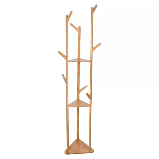 Large Bamboo Wood Clothes Tree Coat Hat Rack Corner Stand w 3 Tier Storage Shelf {1}