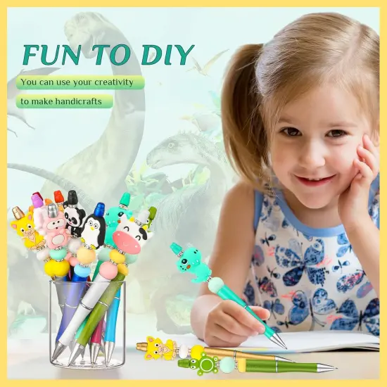12 Pieces Beadable Pens Kit with Silicone Focal Beads, Animal Style, Black Ink, for DIY School Supplies Animal style {5}