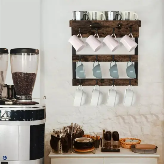 12 Hooks Wood Wall Mounted Coffee Mug Rack Storage Shelf for Kitchen Cafe Office {3}
