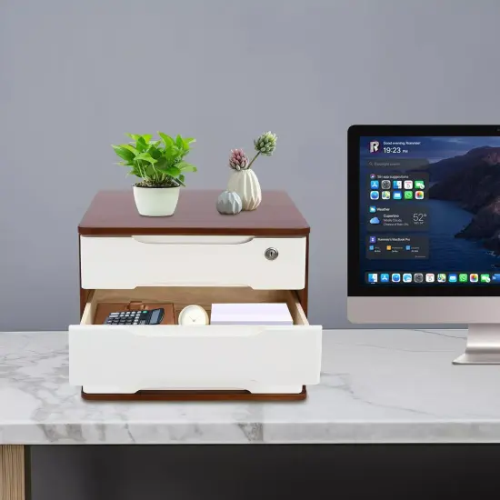 Wooden Desktop Storage Box Drawer Office Home Table Display Organizer with Lock {1}