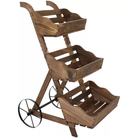 39.25 in 3-Tier Wood Rolling Planter Box with Iron Wheels - Brown {1}