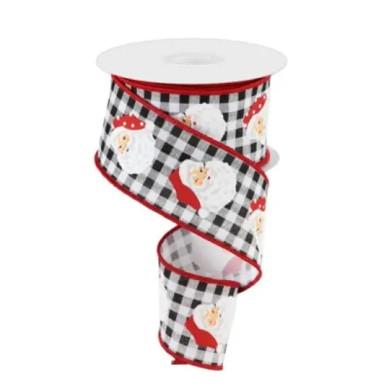 2.5" x 10yd Vertical Santa Heads Check Wired Christmas Ribbon - Black and White Buffalo Plaid with Red Edges -RGC165227 {1}