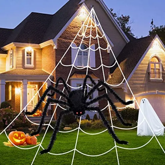 200 inc Halloween Decorations Outdoor 200'' Triangular Spider Web + 47'' Giant Fake Spiders, Halloween Decor Indoor Clearance for Home Outside Yard Costumes Party Haunted House Garden Lawn {4}