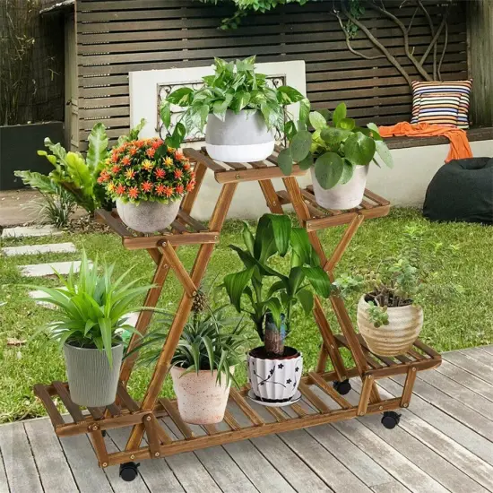 Indoor Outdoor Plant Stand Flower Pot Holder Rack Wood Shelf Wheels Heavy Duty {3}