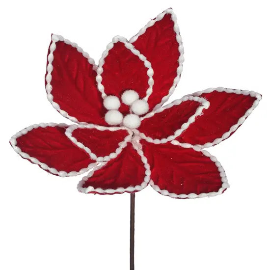 24" Red Velvet Poinsettia Flower With White Cotton Bead Edge {1}