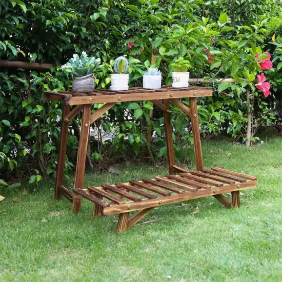 Freestanding 3 Tier Ladder Shelf Wood Plant Stand Indoor Outdoor Flower Pot Rack {3}