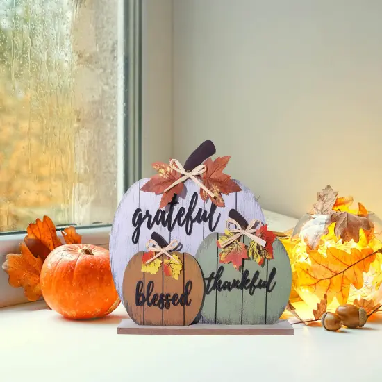 Fall Decorations for Home Blessed Grateful Thankful Fall Decor Wooden Pumpkin Tabletop Signs for Home Thanksgiving Farmhouse Living Room Harvest {3}