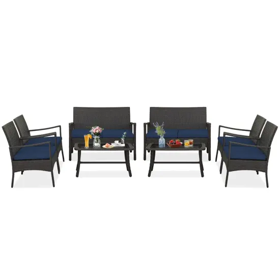 Costway 8PCS Patio Rattan Wicker Furniture Set Cushioned Sofa Armrest Coffee Table Navy {1}