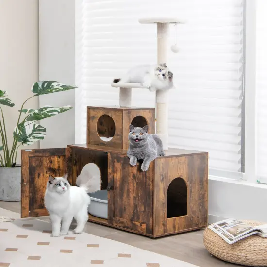 Costway 2-in-1 Wooden Litter Box Enclosure with Cat Tree Hidden Washroom Furniture White/Brown/Gray {3}