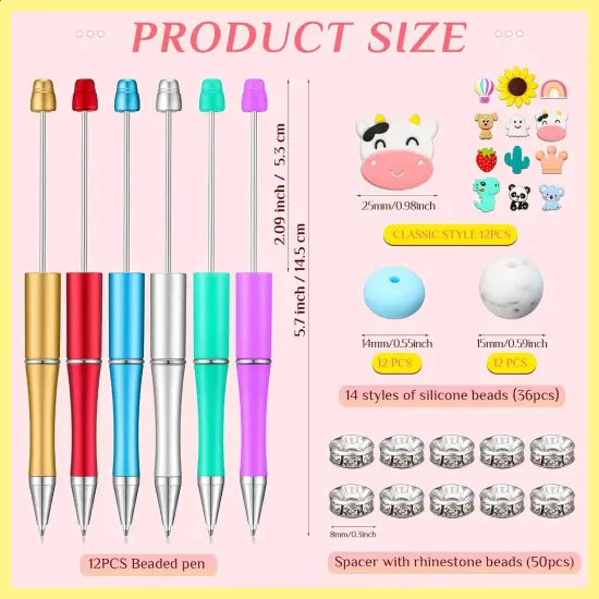 12 Pieces Beadable Pens Kit with Silicone Focal Beads, Animal Style, Black Ink, for DIY School Supplies Classic style {3}