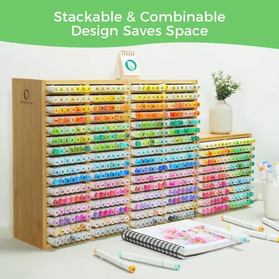Ohuhu Bamboo Marker Organizer, Wooden Desktop Storage Hold 126/224 Markers, Markers Pens Pencils Art Brushes Stationary Organizer Pencil Holder with 18/32 Compartments for Home Classroom Office Decor {3}