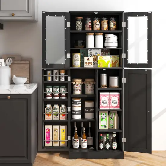 Costway 63.5" Tall Kitchen Pantry Storage Cabinet with Glass Door Storage Shelves Black/White {2}