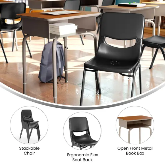 Emma and Oliver Jacobs Desk/Chair Set with Metal Open Front Storage Box, Desktop, Metal Frame and Stackable Flex Comfort Classroom Chair WalnutTop/BlackChair {3}