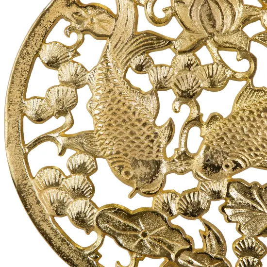 Northlight Koi Fish with Lotus Flower Sculpture with Wooden Base - 13.5" Gold {5}