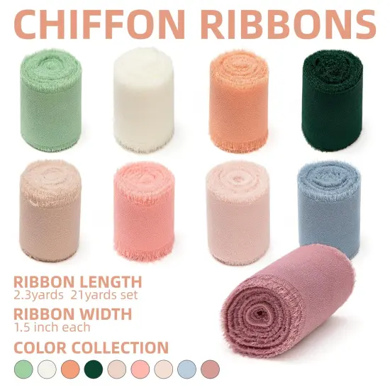 9 Rolls Multicolor Handmade Chiffon Ribbon,1.5" x 21Yd Frayed Fringe Silk Ribbons (9 Rolls *2.3Yd) for Gifts Wrapping, Wedding Invitations, Bridal Bouquets, Decorations {1}